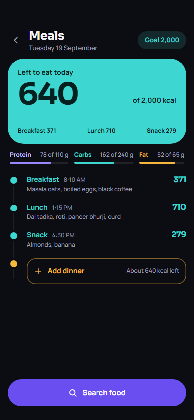Meals screen with calorie tracking